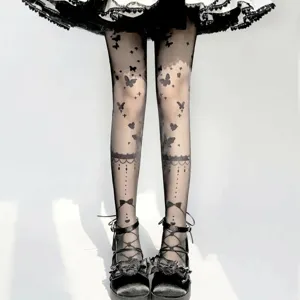 Sweet Lolita Pantyhose Women Over The Knee Thigh High Stockings Cute Bow Cross Straps Transparent Tights