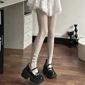 Sweet lolita white lace heart pattern tights, cute mesh pantyhose with lovely bows for women.