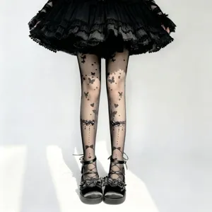 Lolita black sheer tights with cute butterfly and bow print, sweet gothic legwear for women.