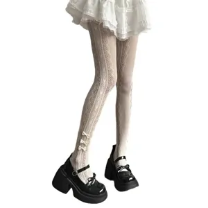 Lolita lace heart pattern pantyhose cute bow mesh tights for women summer thin