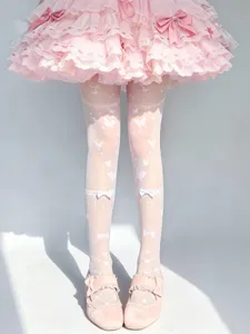 Sweet lolita white tights with cute butterfly prints and bow details for women sweet style.