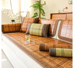 Summer cooling bamboo sofa mat detailed view, anti-slip plaid design living room seat cushion.