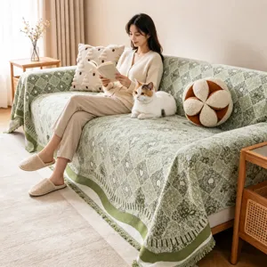 Chenille Sofa Cover Blanket Minimalist Modern Tassel Anti-Cat Scratch Furniture Protector For Living Room
