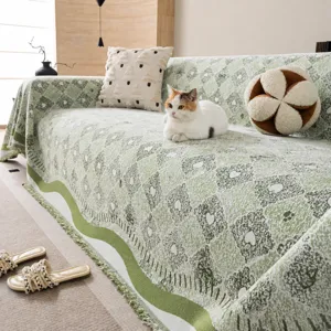 Chenille sofa cover anti-scratch breathable furniture protector green pattern couch towel