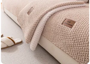 Thick plush sofa cushion detail view, cozy winter textured fabric, non-slip home decor cover.