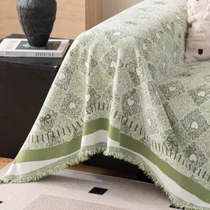 Chenille sofa cover green white woven blanket slipcover fringe furniture protector decor