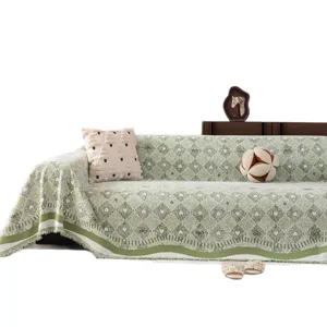 Green chenille sofa cover blanket with vintage pattern and tassels for home decor