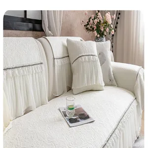 Housse de canapé en soie glacée d'été couverture complète dentelle blanche tapis antidérapant