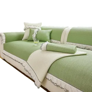 Ice Silk Waffle Sofa Cushion Ruffled Lace Edge Cooling Anti-Slip Summer Sofa Cover Furniture Protector
