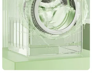 Transparent washing machine housing detail view featuring a dynamic green water splash effect.