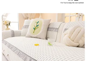 Cream chenille sofa cushion cover for living room, universal anti-slip couch blanket.