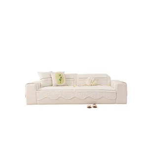Cream Chenille Sofa Cushion Set Covers Anti-Slip Straight Couch Mat All-Season Home Decor