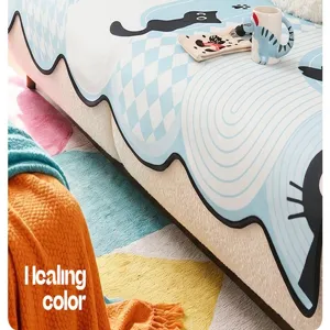 Summer ice silk cartoon sofa mat, cool feeling breathable sofa cover with cute cat pattern for home decor