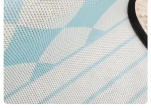 Summer ice silk cooling sofa cushion detail, breathable mesh fabric with blue geometric pattern.