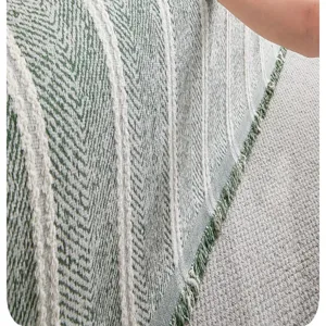 Retro Chenille Sofabezug Detailaufnahme mit grün gestreiftem Strukturstoff und Fransen.