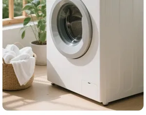 Detailed view of modern white front load washing machine in cozy home interior setting.