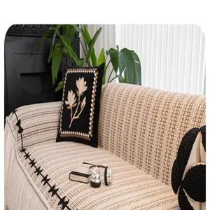 Chenille sofa cover universal multi-season slipcover with stripe pattern and cute bows