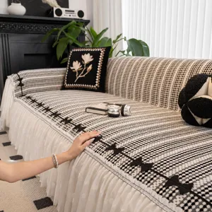 Chenille sofa cover for living room, anti-scratch furniture protector with elegant lace skirt.