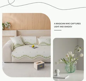Summer cooling ice silk polka dot sofa cover breathable anti-slip wavy edge slipcover cushion