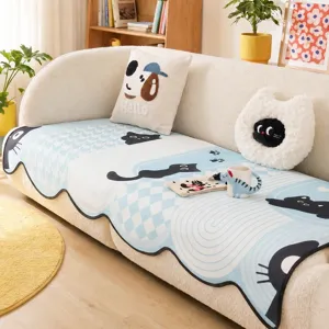 Summer Ice Silk Cartoon Sofa Cushion Blue Cat Print Non Slip Sofa Cover Protector Living Room Home Decor Slipcover