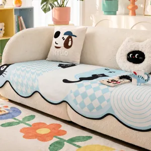 Summer ice silk cartoon sofa cushion cover blue plaid anti-slip cooling mat for living room