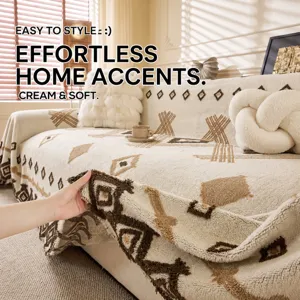 Plush all-in-one sofa cover with geometric pattern, cozy cream and brown throw blanket.