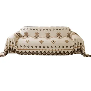 Plush one-piece sofa throw blanket bohemian geometric pattern cover universal fit cream brown