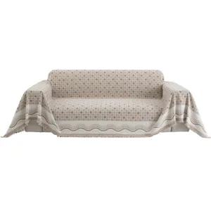 Ins style knitted sofa cover with geometric grid and wave pattern, versatile throw blanket for living room