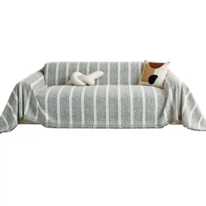 Vintage Chenille Sofabezug Anti-Kratz Couchtuch Retro Gestreift Quasten Schutzdecke Für Wohnzimmer