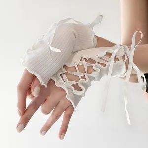 Femmes Harajuku Y2K Manchettes Tricotées Côtelées Lacets Noeud Gants Sans Doigts Accessoires de Mode Décontractés