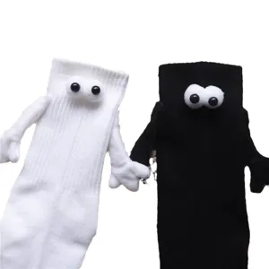 Cute funny hand holding couple socks with 3d eyes novelty cotton mid tube socks