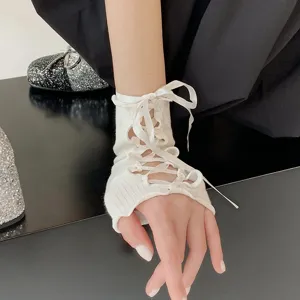 Y2K mitaines sans doigts en tricot blanc lacets style harajuku mignon pour femme