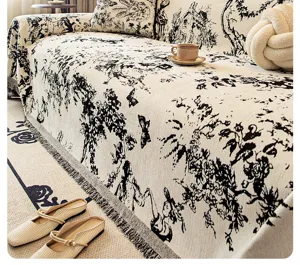 Detailed view of the French retro chenille sofa blanket showcasing intricate pastoral pattern.