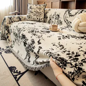 French Vintage Chenille Sofa Cover Blanket Botanical Floral Print Couch Slipcover With Tassel Edge Universal Home Decor
