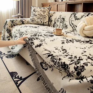 French vintage chenille sofa cover blanket black and white floral pattern with fringe throw