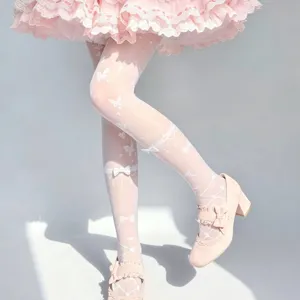 Lolita white patterned over-the-knee stockings sweet bow cross mesh high tube socks