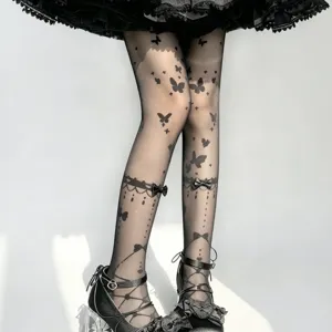 Sweet Lolita black printed tights with elegant butterfly and bow design, perfect for cosplay.