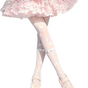 Sweet Lolita white over-the-knee long stockings with cute butterfly and bow prints for women.