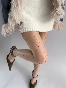 Sheer polka dot pantyhose sexy sheer tights with faux garter design for women detail view
