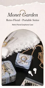 Detailed view of retro jacquard earphone bag with elegant gold ring and chain strap.