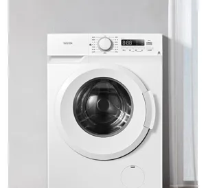 Front load washing machine with digital display and multi-mode dial for home laundry use.