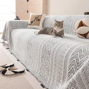 Bohemian sofa cover blanket for living room, all-season geometric knit throw slipcover.
