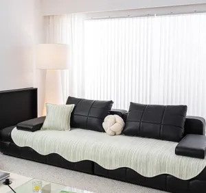 Ice silk summer sofa mat detail showing light green striped fabric design and anti slip texture.