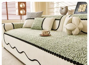 Chenille bankkussenhoes met groene grid antislip bankbeschermer woondecoratie detail