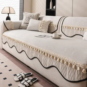 Modern Luxury Ice Silk Sofa Cushion Non Slip Tassel Sofa Mat All Seasons Living Room Protective Sofa Cover