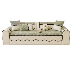 Chenille bankhoes bankbeschermer modern groen geometrisch patroon met bijpassende kussens