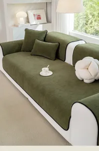 Vintage green chenille sofa cover, all-season one-piece slipcover with anti-slip backing.