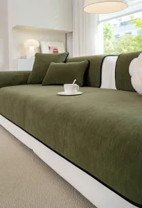 Green chenille sofa cover, vintage style one-piece non-slip living room seat cushion detail