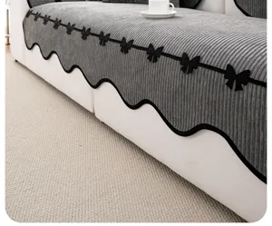 French chenille sofa cover grey corduroy with black bows anti-slip modern luxury decor.