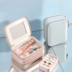 Portable double-layer jewelry box with mirror PU leather storage case for rings earrings